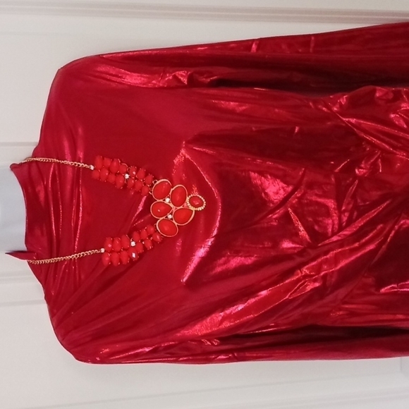 Nwot Y2kMettalic Red Mock Neck Ruched Dress. SIZE L. - Picture 3 of 13
